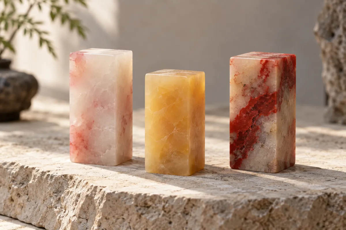 Three Balin seal blanks: milky white with pink clouds, translucent honey-yellow, and streaked with red