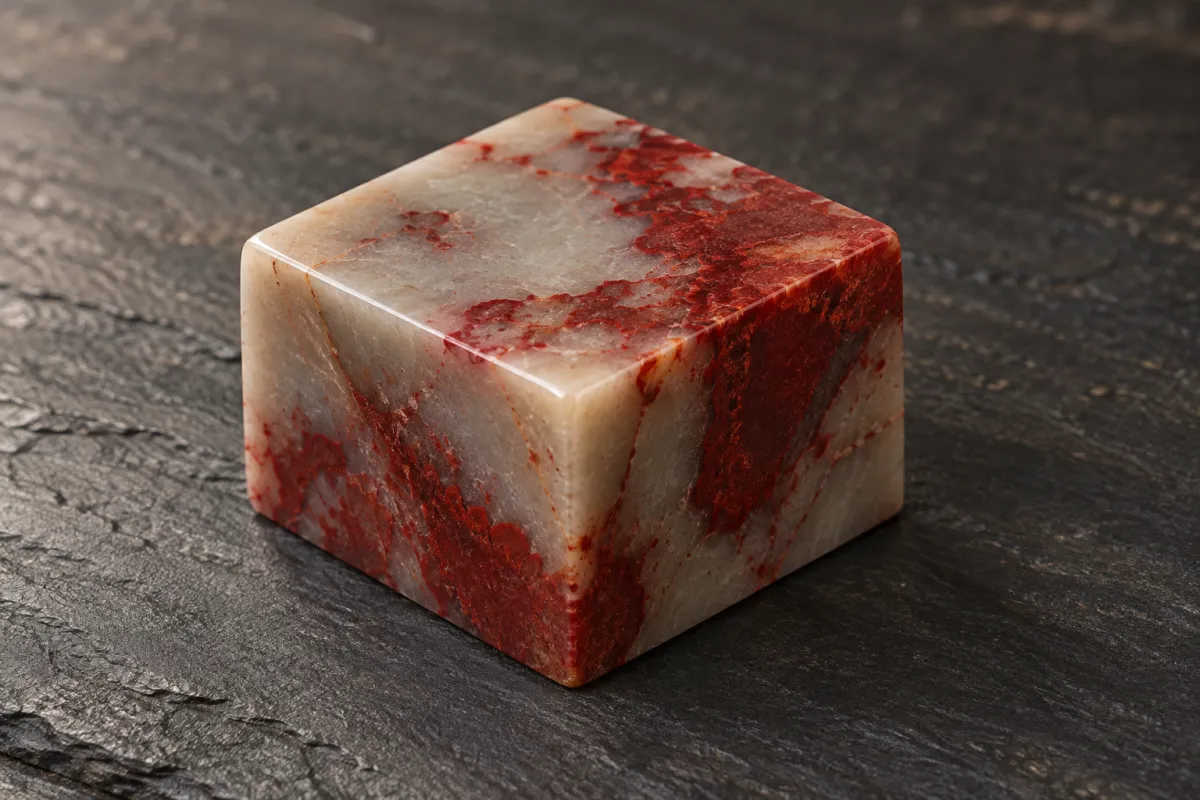 A grey-white Changhua seal stone with vivid red chicken-blood patches