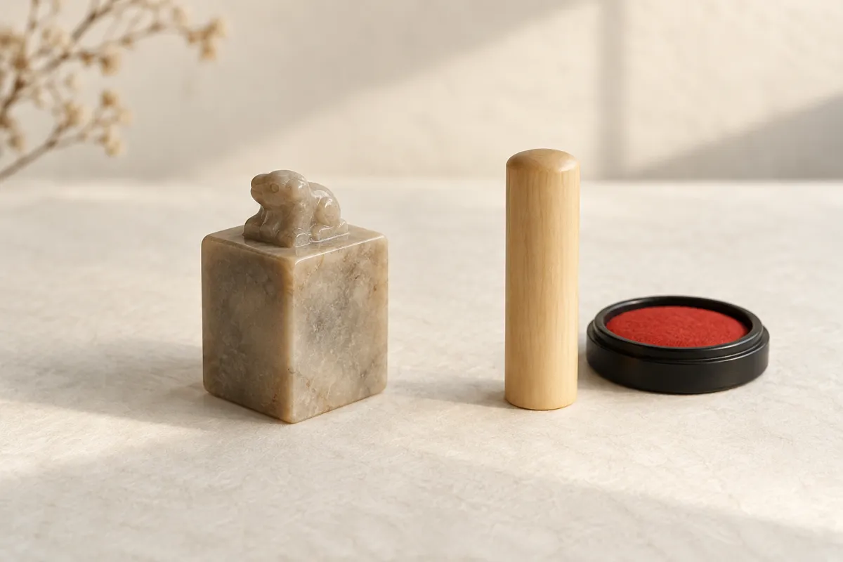 A square Chinese stone seal with a carved knob beside a slim, round Japanese wooden hanko and a red ink pad