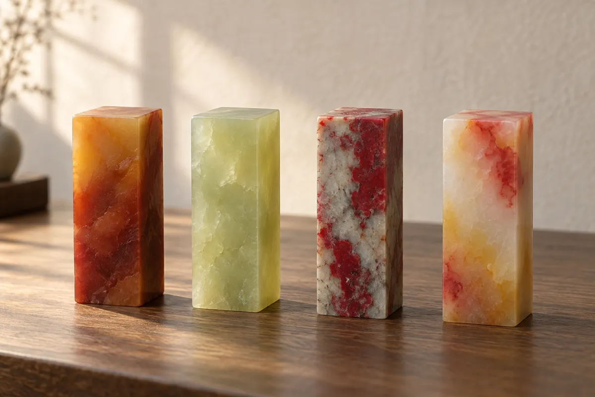 Four seal-stone blanks in a row: honey-red Shoushan, pale green Qingtian, grey-white Changhua with blood-red patches, and milky Balin with red and yellow clouds