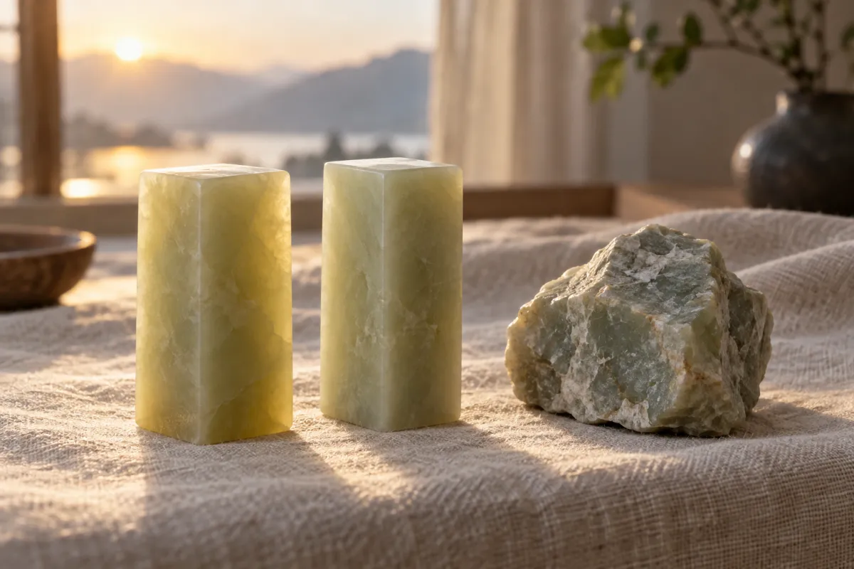 Two pale green, translucent Qingtian seal blanks glowing in low sunlight beside a rough lump of stone