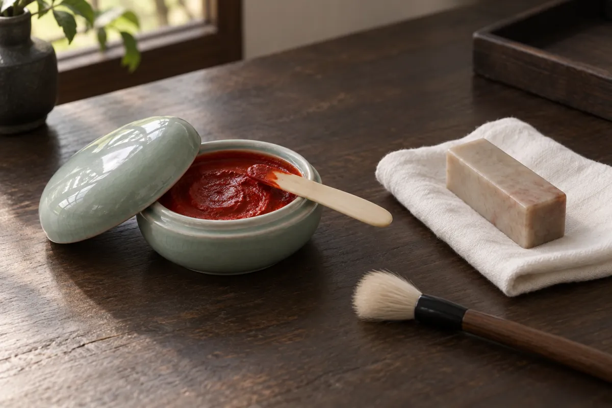 An open celadon box of red seal paste with a spatula, a stone seal resting on a soft cloth, and a brush