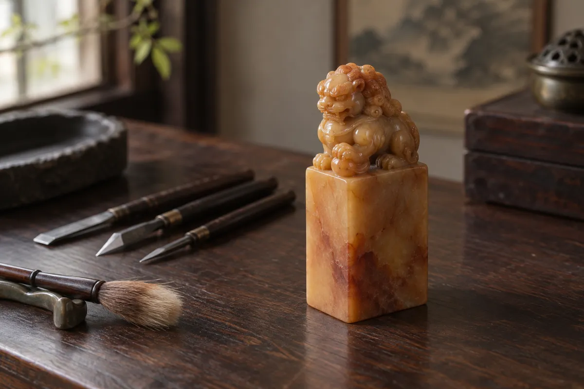 A honey-coloured Shoushan stone seal with a carved lion-like beast knob, beside seal-carving knives and a brush