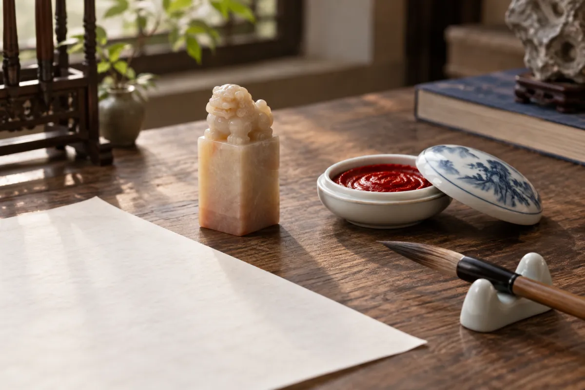 A stone seal with a carved knob, an open box of red seal paste, rice paper and a brush on a desk
